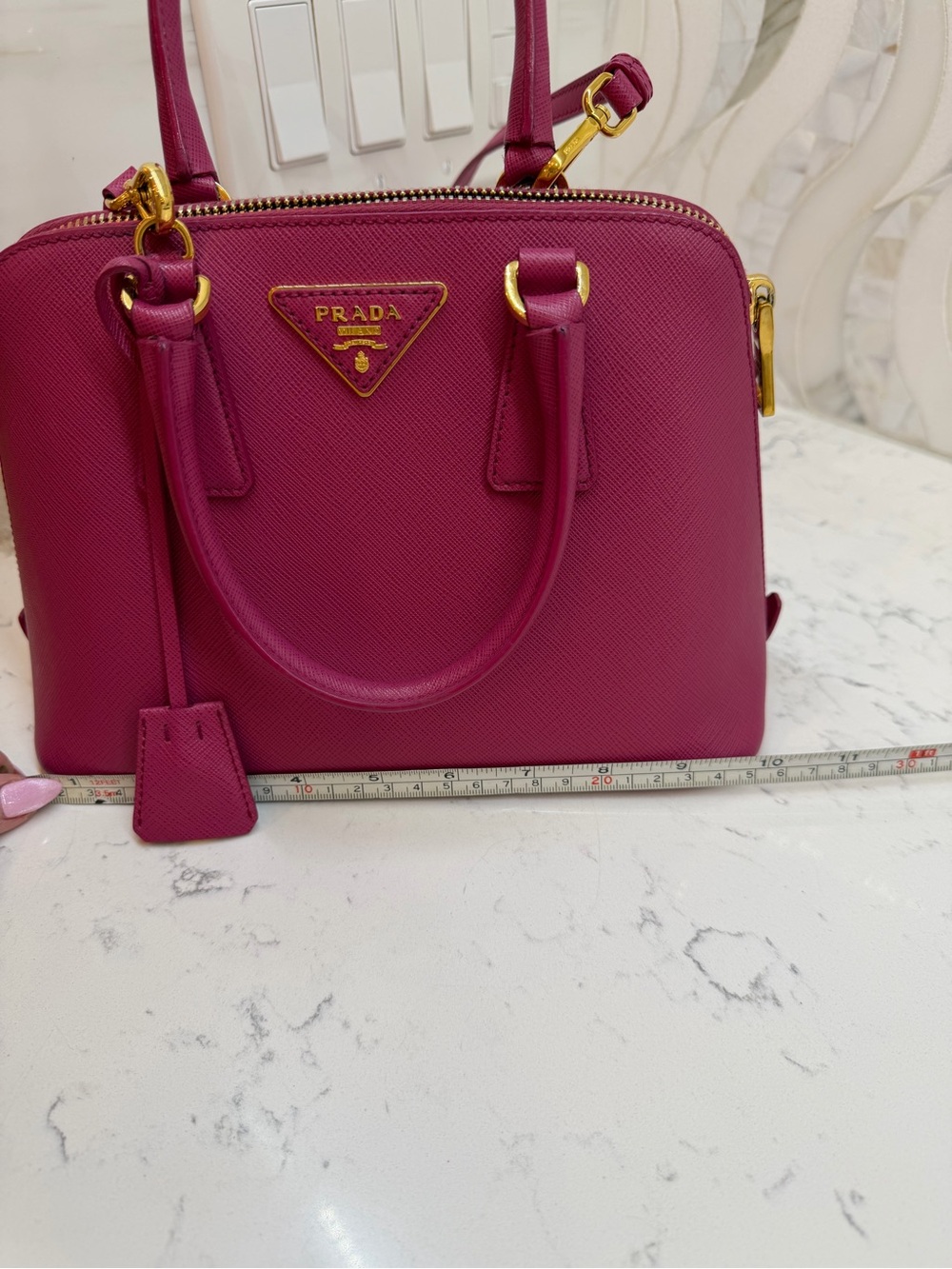 Prada Magenta Saffiano Mini Pyramid Bag with Gold Hardware. Excellent pre-loved. - Picture 3 of 15